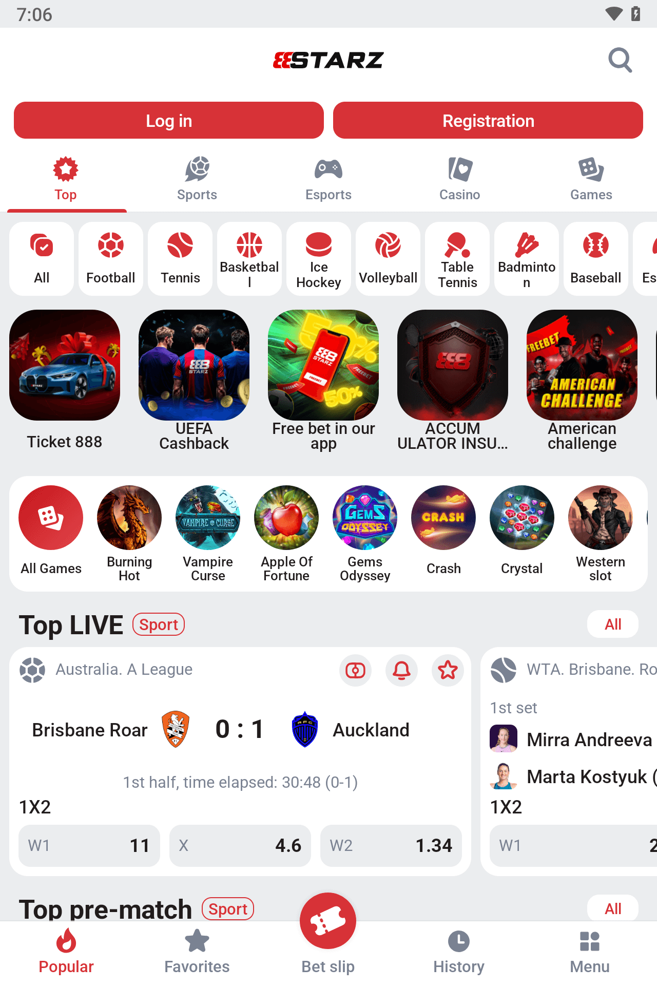 Zrzut ekranu aplikacji 888starz pokazujący interfejs